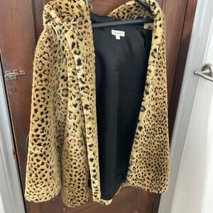 Leopard faux fur coat with hood